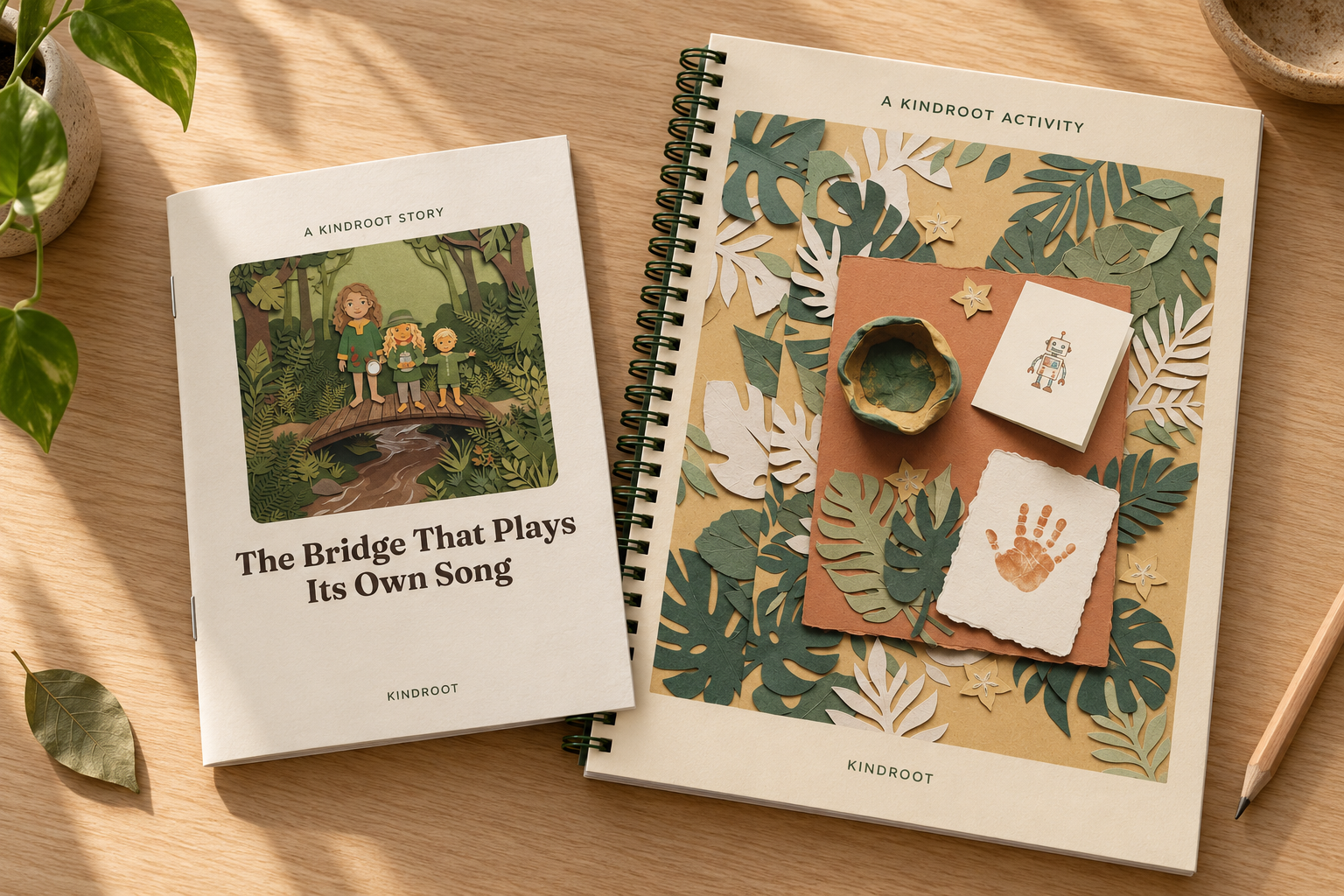 A printed KindRoot storybook titled 'The Bridge That Plays Its Own Song' beside a spiral-bound KindRoot activity book, resting on a wooden table.